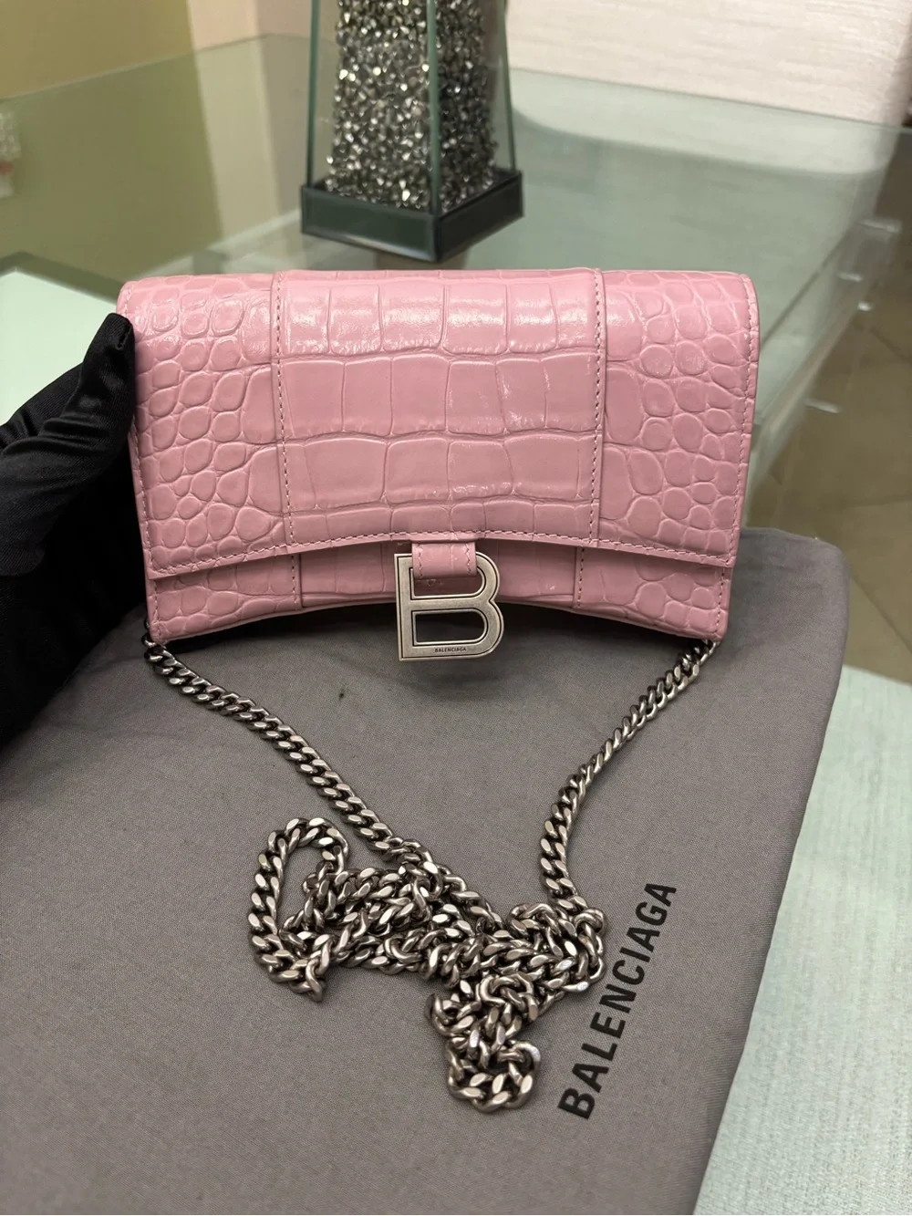 Authentic Balenciaga Pink Croc-Embossed Leather Wallet On Chain